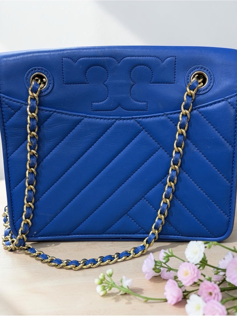 Tory Burch Blue Quilted Leather Chain Shoulder Bag